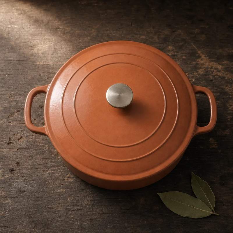 Cocotte de hierro fundido esmaltado en terracota apagado con tapa y asas laterales sobre madera oscura
