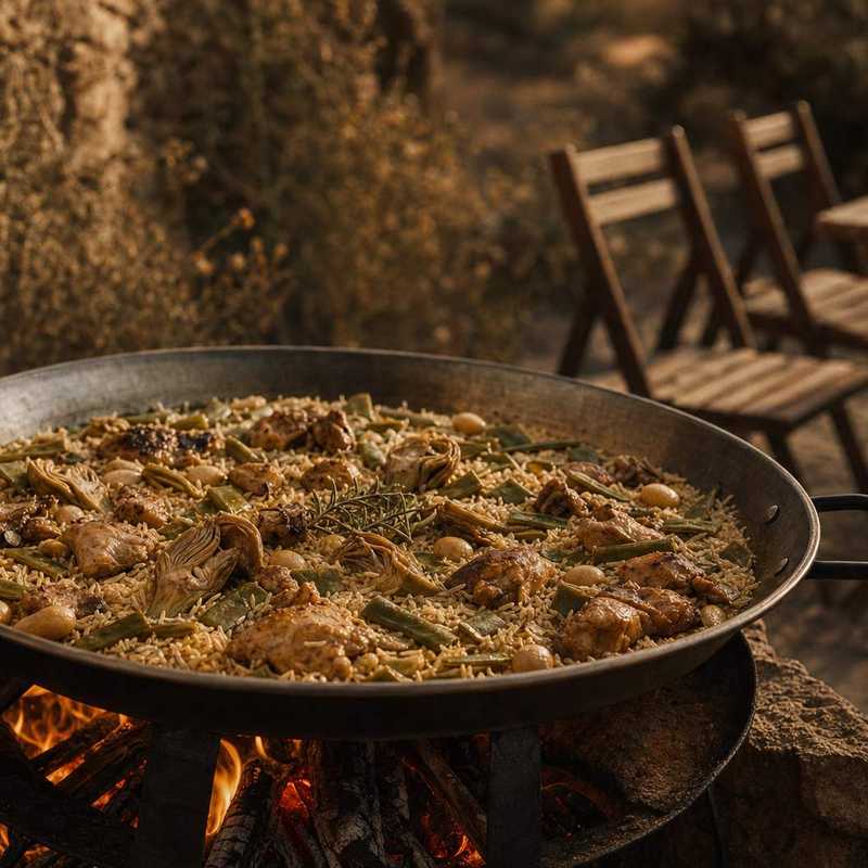 Paellera de acero pulido sobre fuego con arroz en grano y verdura
