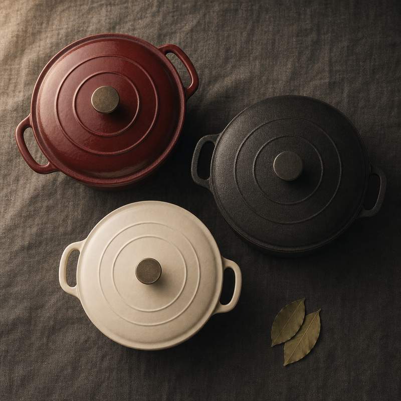 Tres cocottes de hierro fundido esmaltado en oxblood burgundy, negro mate y crema marfil vista cenital sobre lino oscuro con hojas de laurel
