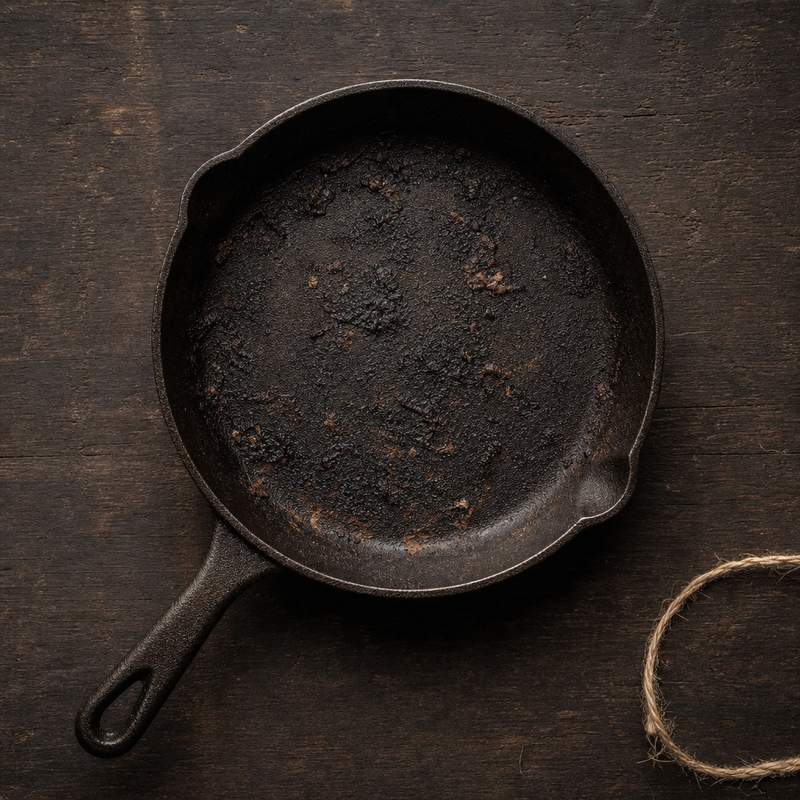 Sartén de hierro fundido con costra de comida quemada — error común del curado