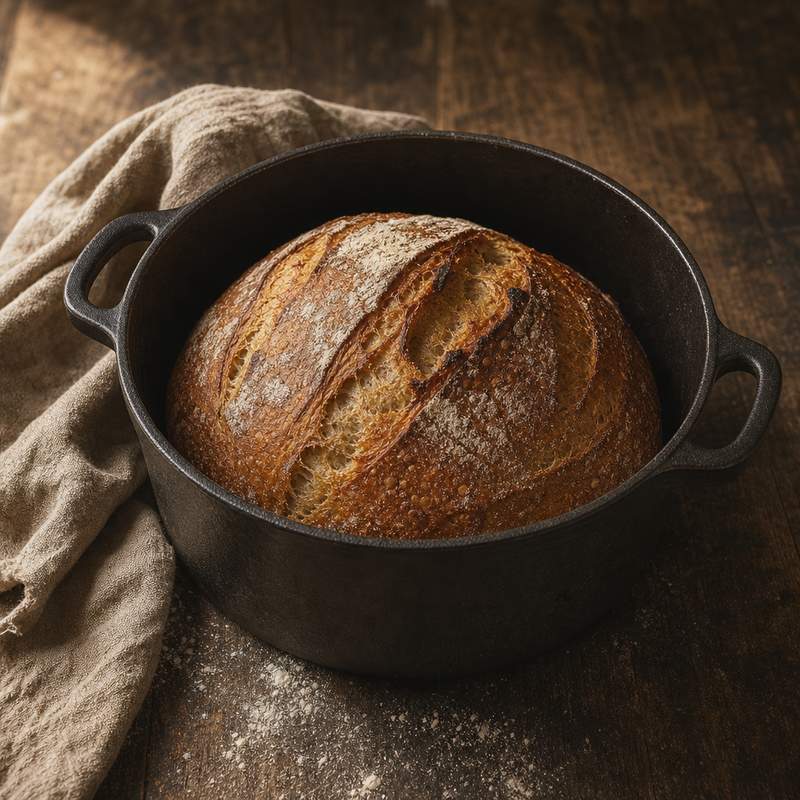 Hogaza de pan recién horneada dentro de una cocotte de hierro fundido negra