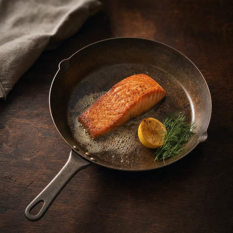 Sartén de acero al carbono con salmón dorado y mantequilla espumante