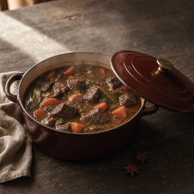 Cocotte oxblood con estofado de carne y zanahorias humeante