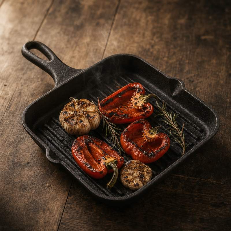 Plancha de hierro fundido con pimientos asados y ajos enteros caramelizados