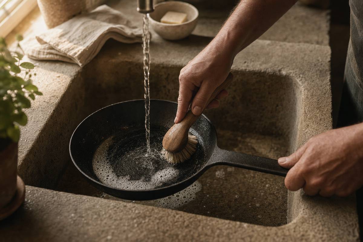 Manos lavando una sartén de hierro fundido bajo agua corriente en una pila de cerámica artesanal, con cepillo natural y espuma de jabón suave