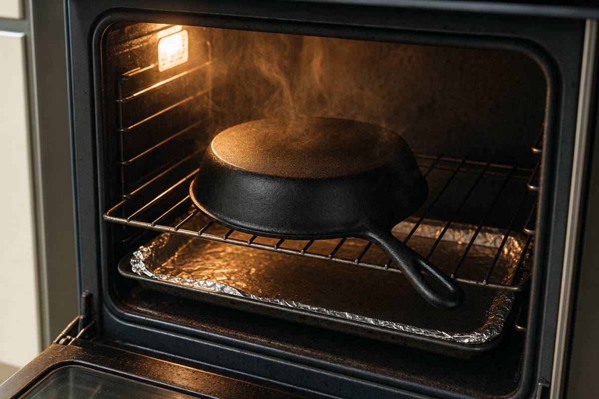 Sartén de hierro fundido boca abajo sobre rejilla del horno con bandeja forrada de papel aluminio debajo, luz interior cálida y vapor saliendo