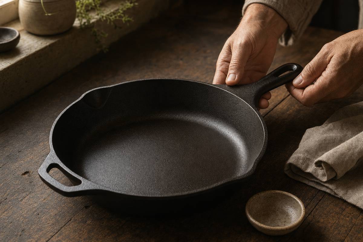 Sartén de hierro fundido recién curada sobre mesa de madera, pátina negra mate satinada, manos comprobando el acabado bajo luz lateral cálida