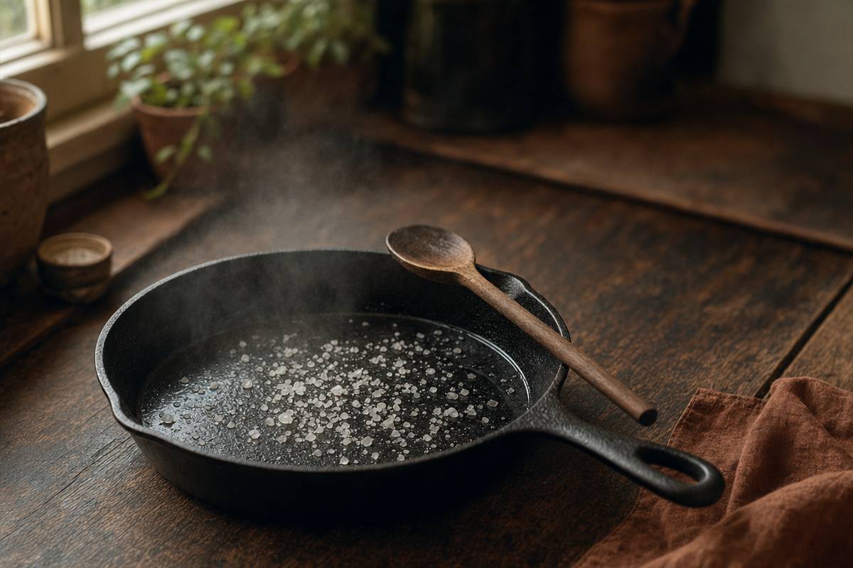 Sartén de hierro fundido sobre madera oscura con sal gruesa y vapor sutil, junto a cuchara de madera y paño de lino — método de limpieza sin jabón