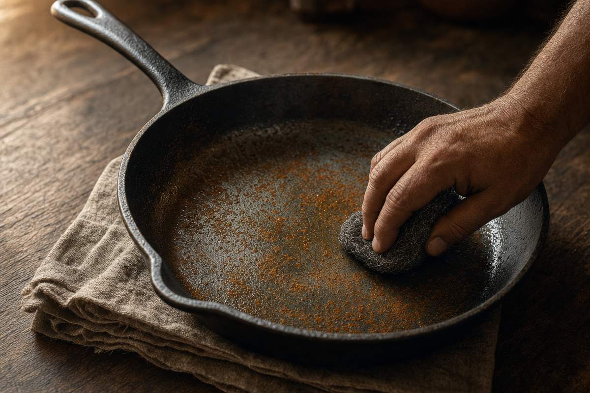Mano frotando con estropajo de acero el interior oxidado de una sartén de hierro fundido sobre paño de lino — recuperación de hierro oxidado