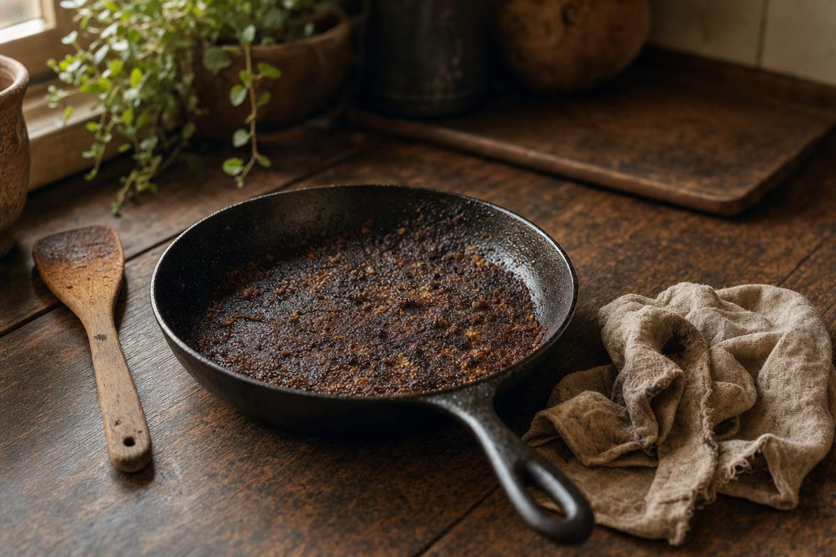 Sartén de hierro fundido con costra de comida quemada incrustada junto a espátula y trapo — uno de los errores comunes de uso