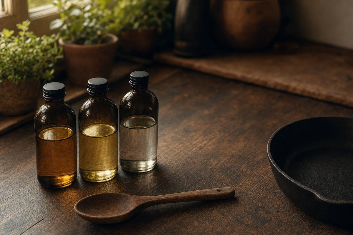 Tres botes de vidrio ámbar con aceites — lino, canola y coco refinado — sobre madera oscura junto a cuchara de madera y sartén de hierro fundido