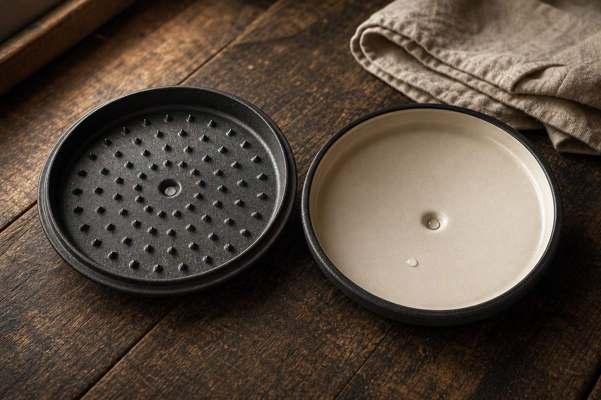 Primer plano de dos tapas de cocotte, una con chevrons internos y otra cóncava lisa