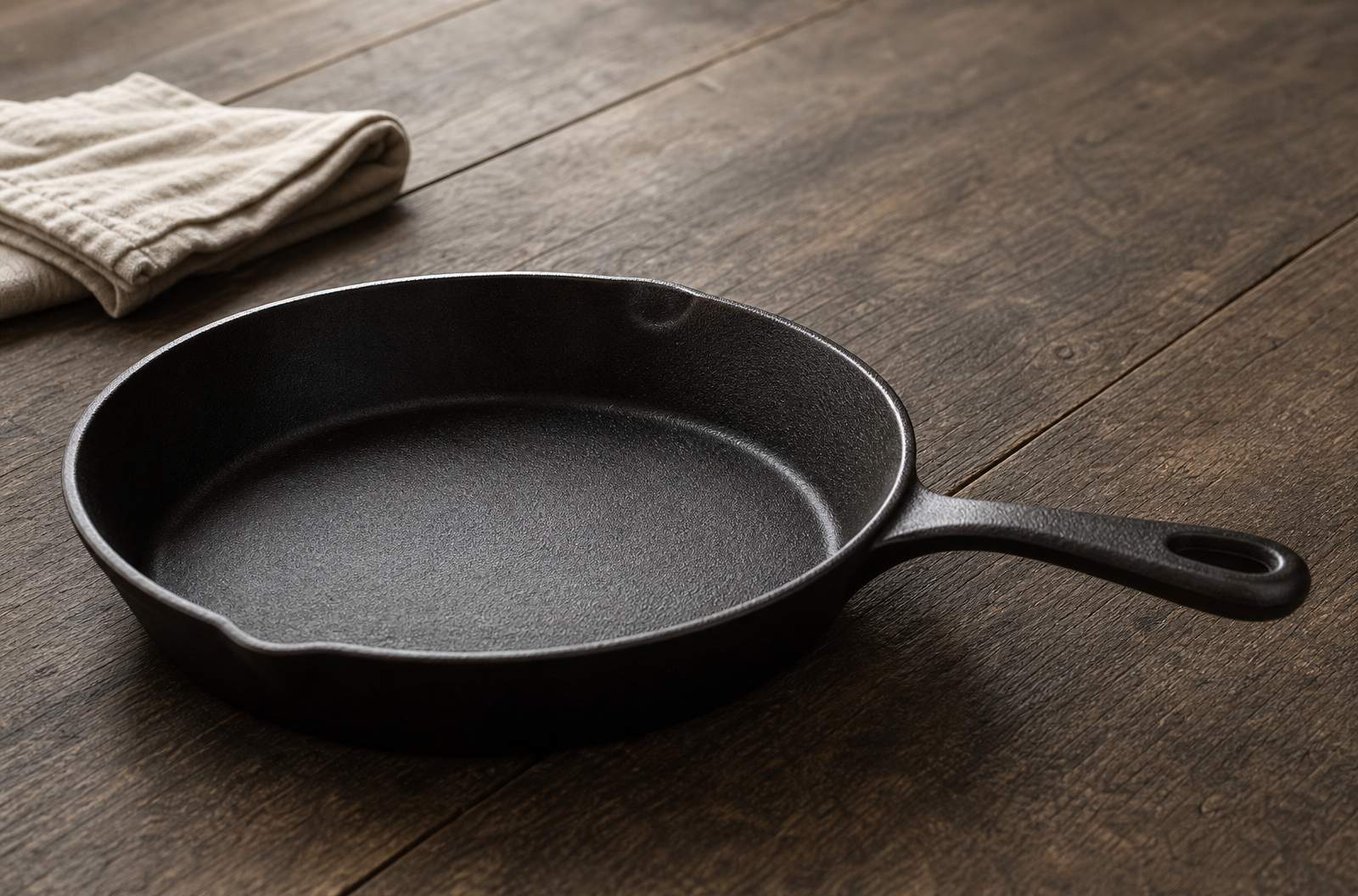 Sartén básica de hierro fundido sobre tablero de madera oscura, estilo utilitario