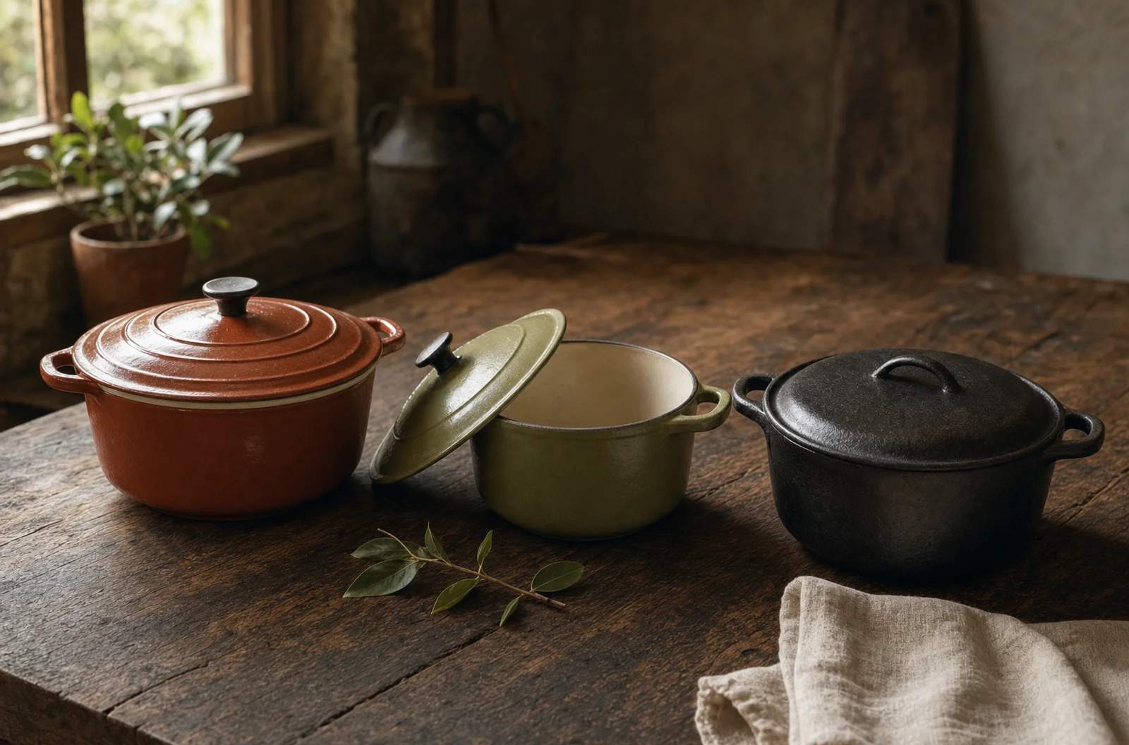 Una cocotte esmaltada terracota, una cazuela de hierro fundido esmaltada verde y una olla de hierro fundido negra alineadas sobre una mesa de madera oscura, con paño de lino crudo y una rama de laurel