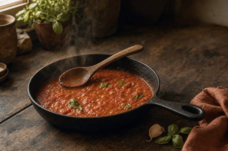 Sartén de hierro fundido bien curada con una salsa de tomate cociendo a fuego lento y cuchara de madera apoyada en el borde
