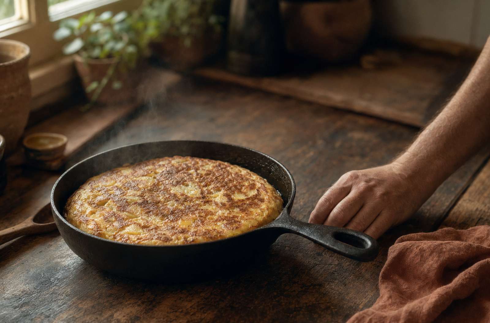 Sartén de hierro fundido con tortilla de patatas recién hecha sobre mesa de madera oscura, vapor sutil en luz cálida lateral
