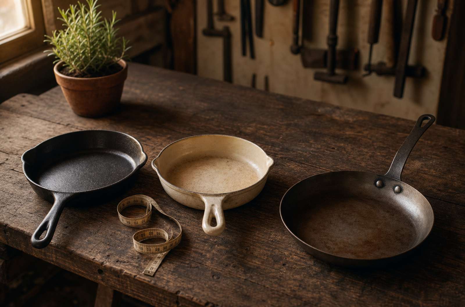 Tres sartenes de hierro de distintos materiales — fundido negro, esmaltada crema y acero al carbono — alineadas sobre mesa de madera con cinta métrica
