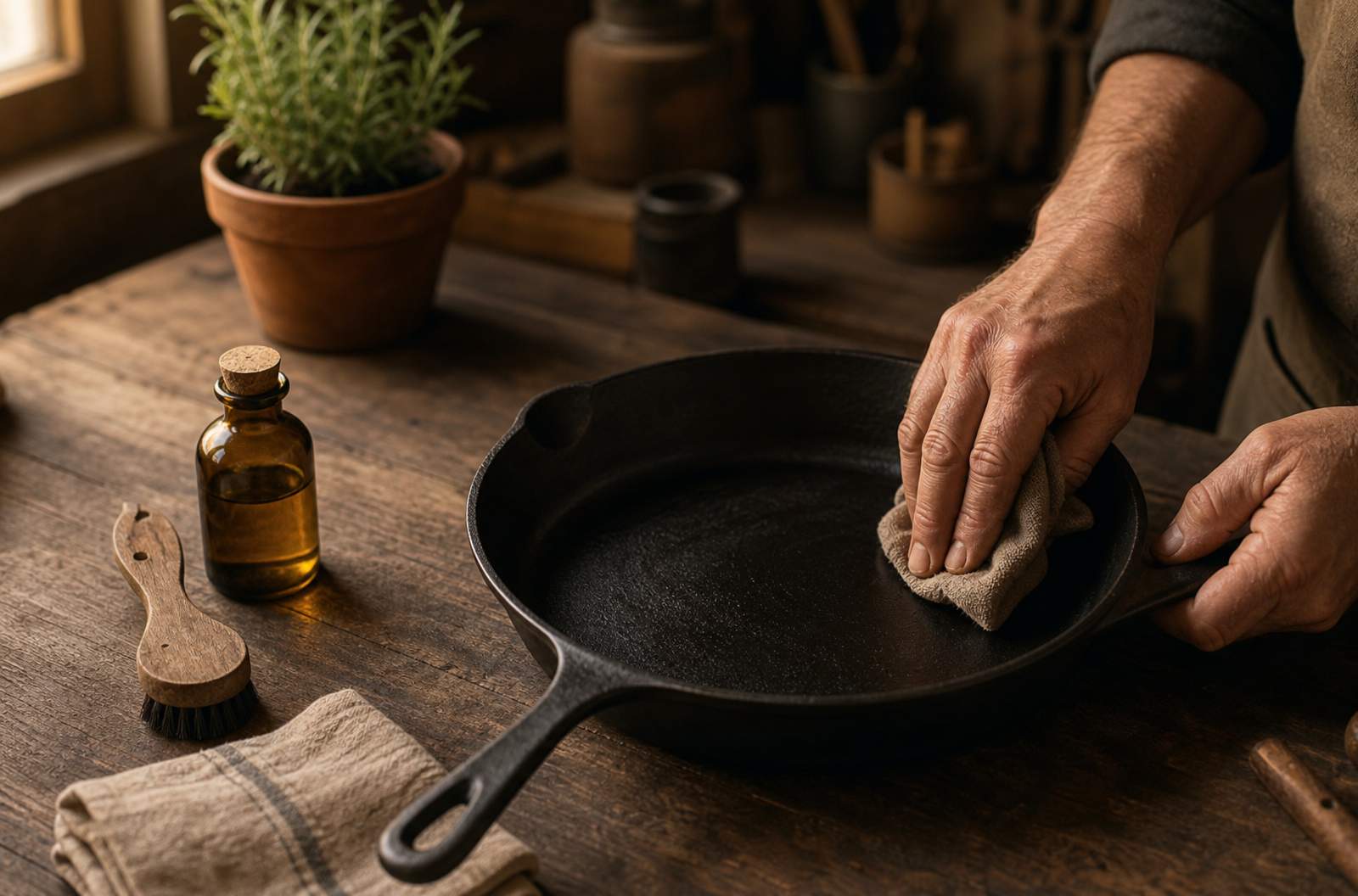 Sartén de hierro fundido siendo cuidada — paño con aceite, bote de lino, manos del cocinero en proceso de curado