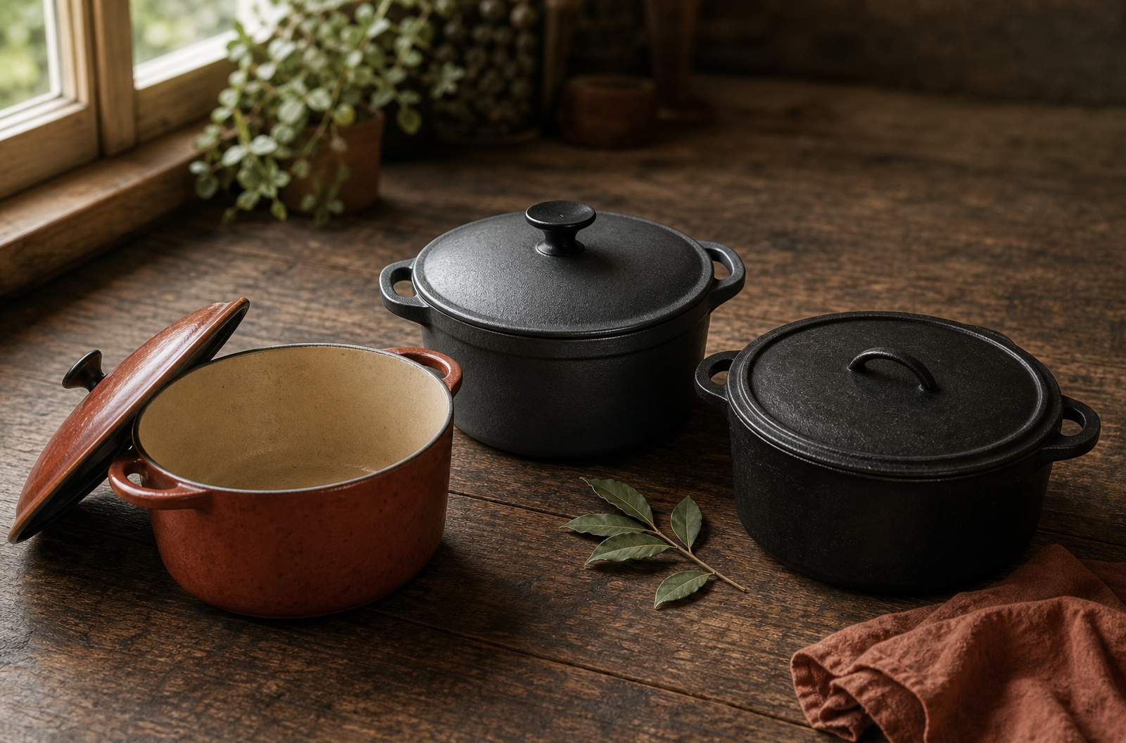 Cocottes Le Creuset, Staub y Lodge alineadas sobre madera con luz lateral