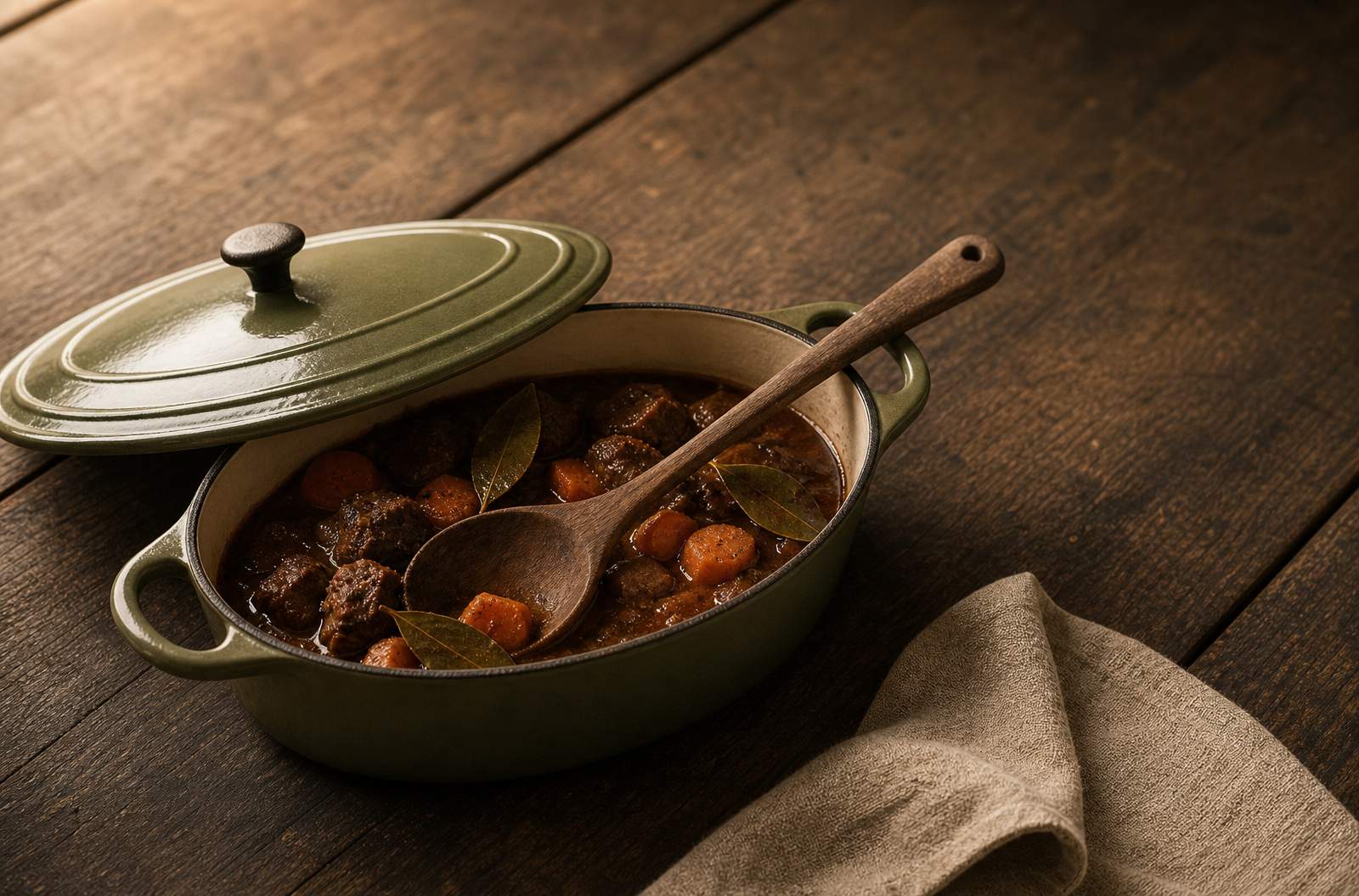 Cazuela oval de hierro fundido esmaltado en verde oliva con estofado y cucharón de madera