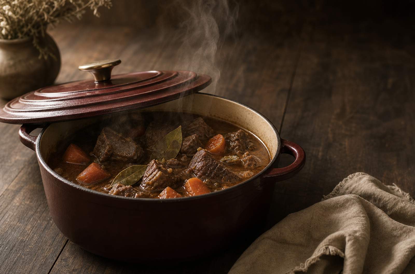 Cocotte de hierro fundido oxblood con tapa ligeramente levantada y estofado de carne visible