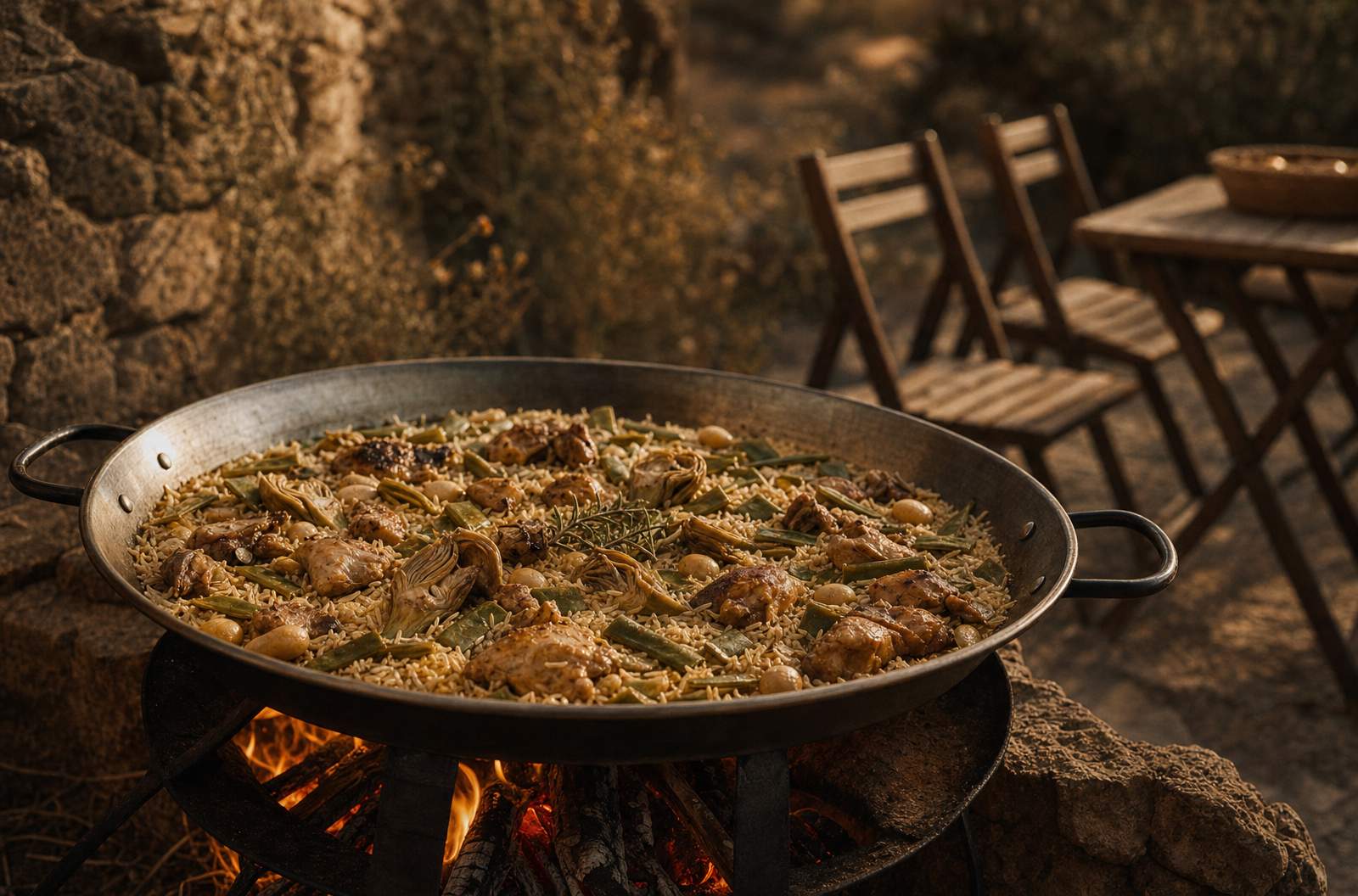 Paellera valenciana de acero pulido cocinando paella sobre fuego de leña al aire libre, vista en perspectiva pictórica three-quarter, ambiente rústico tradicional valenciano