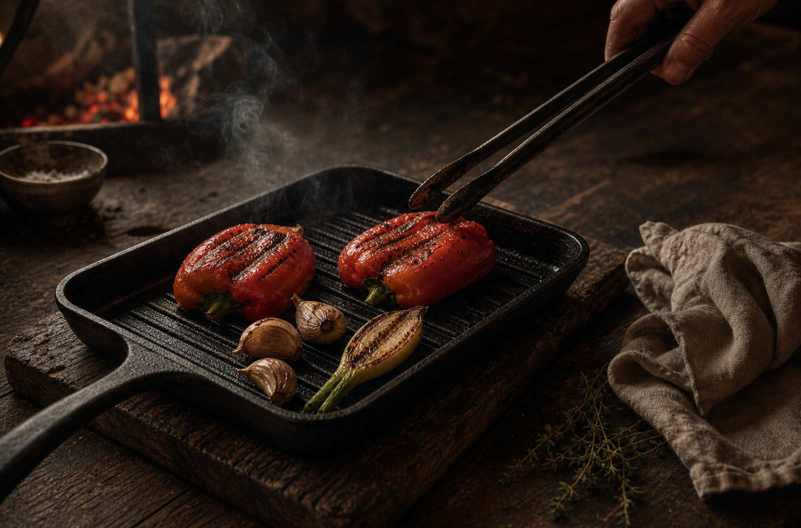 Parrilla de hierro fundido cuadrada con pimientos rojos asados, ajos y cebolleta a la brasa, vapor y fuego al fondo