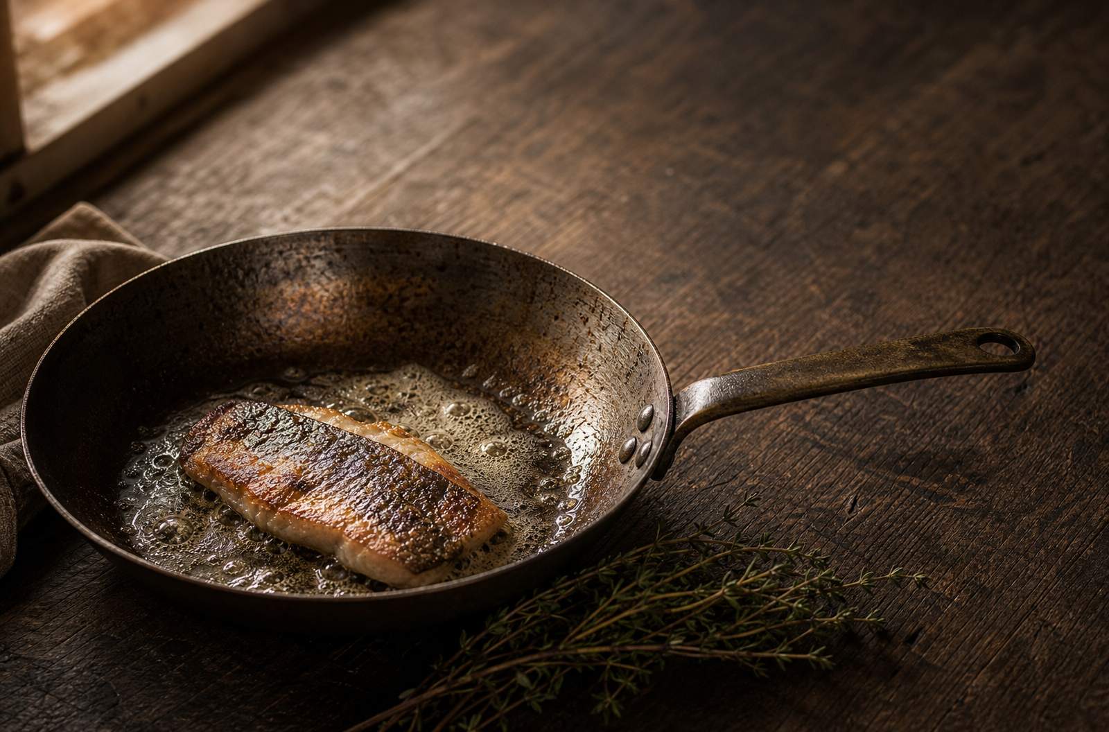 Sartén de acero al carbono dorando pescado con mantequilla espumante sobre mesa de madera