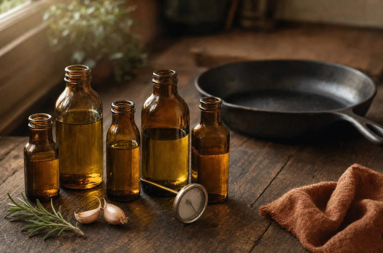 Botellas de vidrio ámbar con distintos aceites sobre un banco de madera de taller, con un termómetro de cocina y una sartén de hierro fundido al fondo